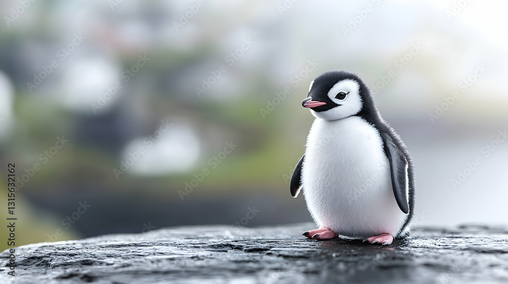 Naklejka premium A small adorable penguin chick stands peacefully on a rock