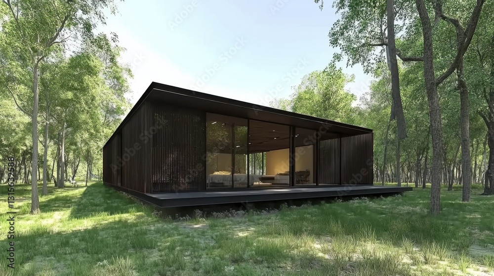 Minimalist cabin in the woods with a dark wooden exterior, sloped roof, and sleek modern finishes Minimalist cabin in the woods with a dark wooden exterior, sloped roof, and sleek modern finishes