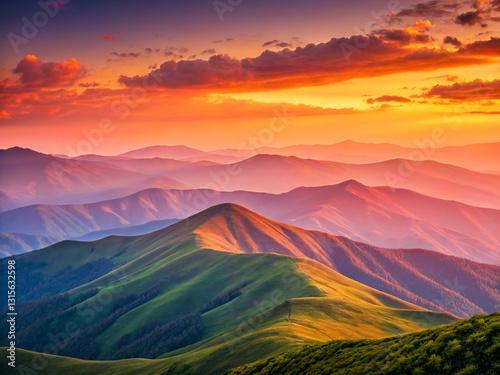 sunset in mountains. sunset, sky, landscape, mountain, mountains, sunrise, nature, sun, clouds, cloud, light, dusk, morning, red, dawn, hill, valley, orange, fog, blue, hills, beautiful, silhouette, h photo