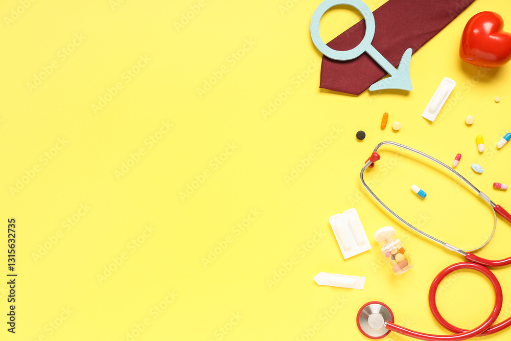 Fototapeta premium Men's health awareness with stethoscope, pills, male symbol, and heart on yellow background
