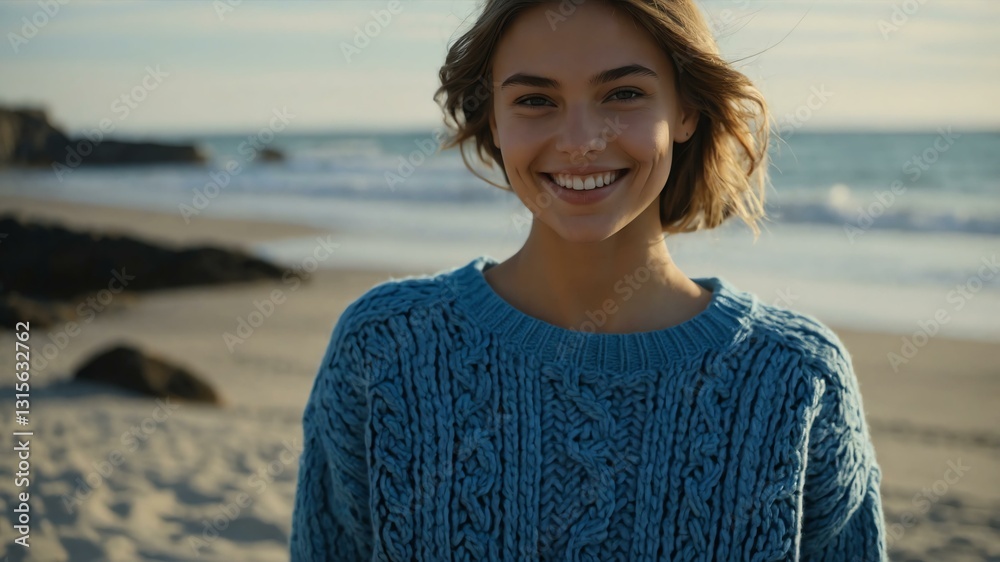 Good-looking young caucasian gal in blue themed sweater on a beach smiling Good-looking young caucasian gal in blue themed sweater on a beach smiling
