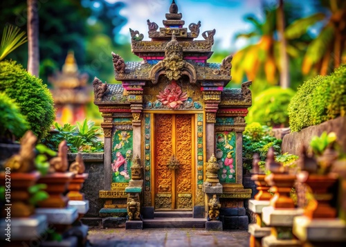 Tilt-Shift Balinese Door Gate, Miniature Photography, Realistic Sketch, Indonesian Architecture, Traditional Design,  Detailed Gate,  Ornate Carving,  Island Culture