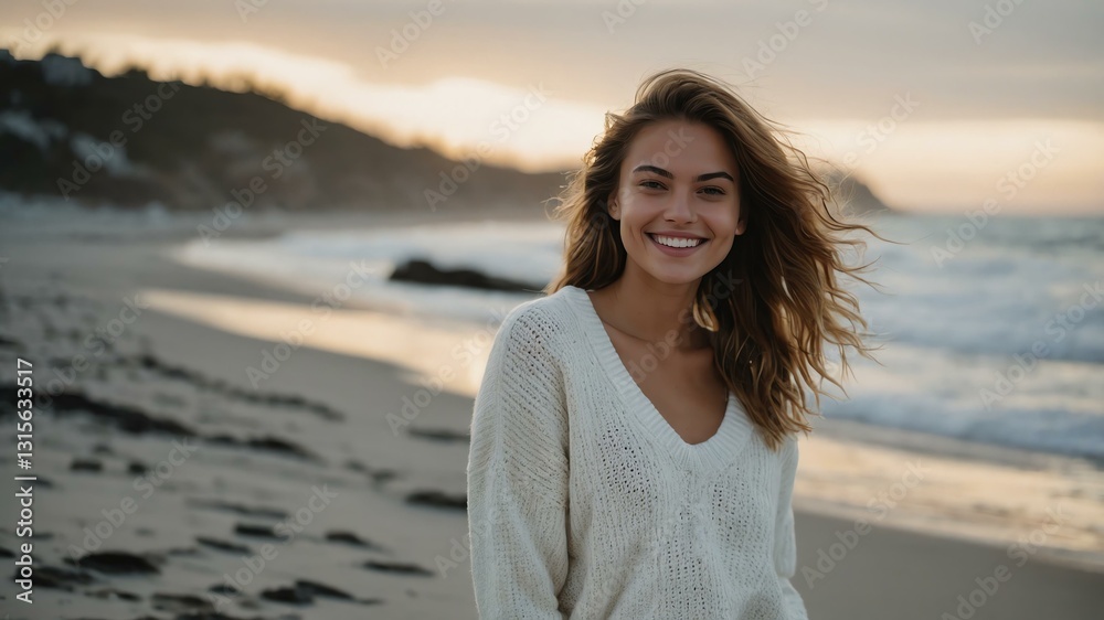 Good-looking young american gal in white themed sweater on a beach smiling Good-looking young american gal in white themed sweater on a beach smiling