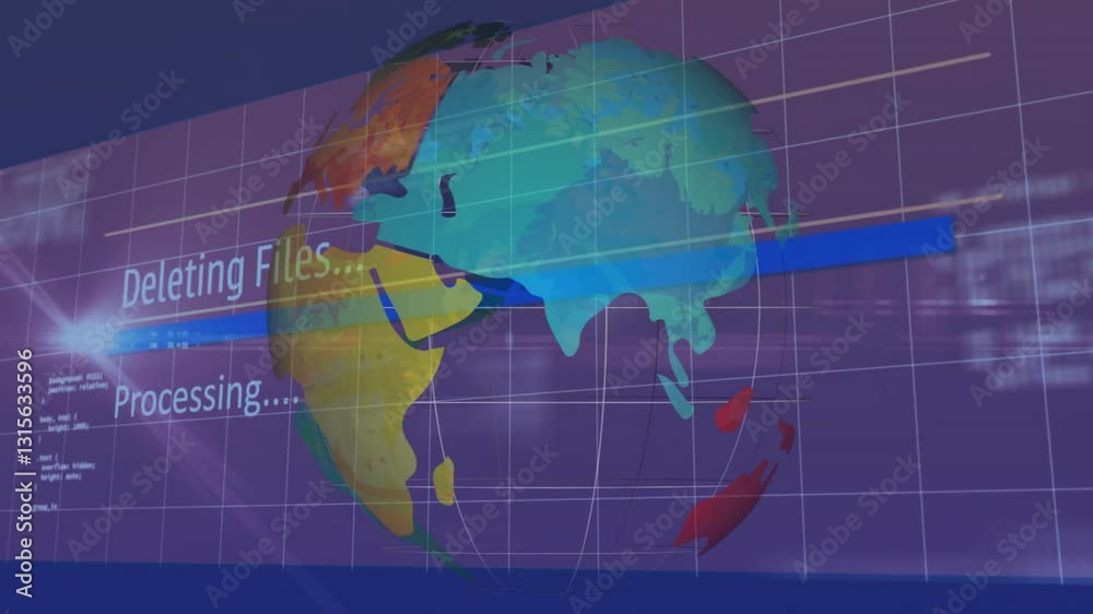 Animation of digital interface on globe showing Deleting Files Animation of digital interface on globe showing Deleting Files