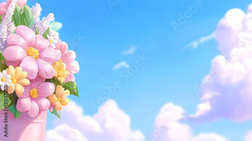 Flower bouquet illustration against blue sky background for a poster or wallpaper