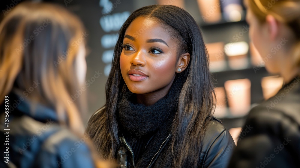 Fototapeta premium Young Woman Engaging in Conversation in a Cozy Cafe Setting