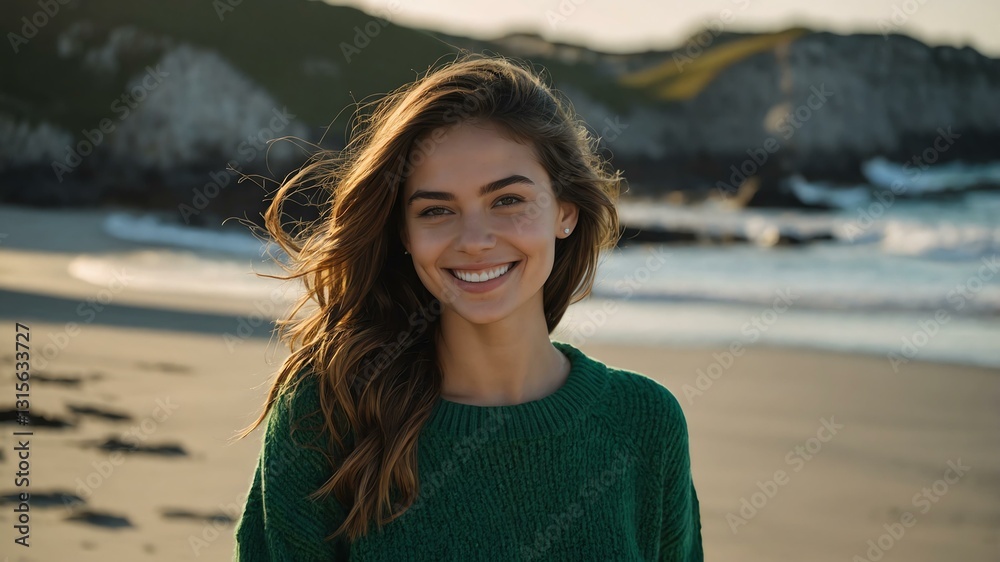 Good-looking young american gal in green themed sweater on a beach smiling Good-looking young american gal in green themed sweater on a beach smiling
