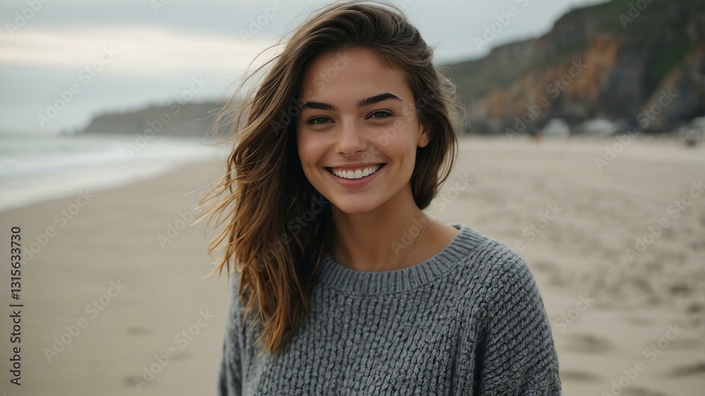 Good-looking young american gal in gray themed sweater on a beach smiling Good-looking young american gal in gray themed sweater on a beach smiling