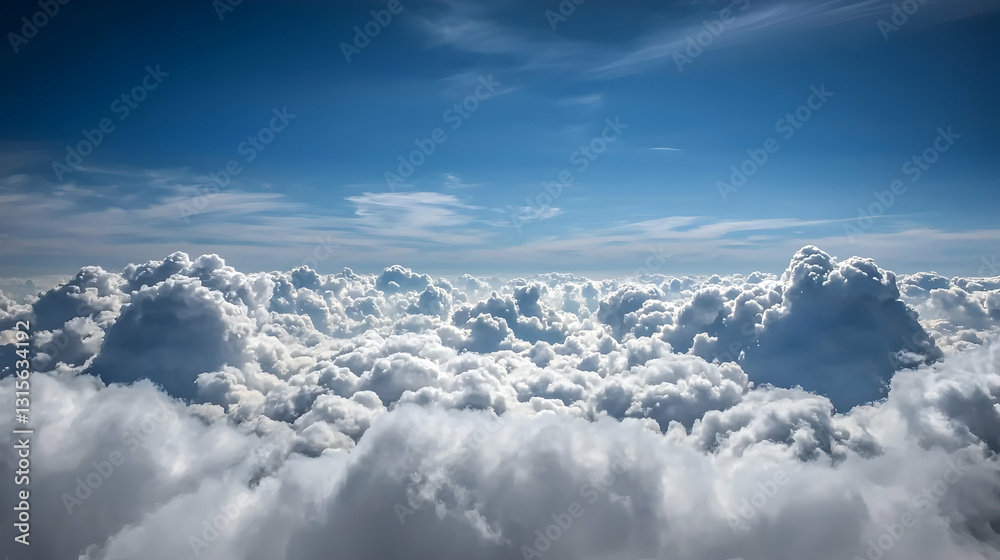 Naklejka premium A vast expanse of fluffy white clouds fills the blue sky