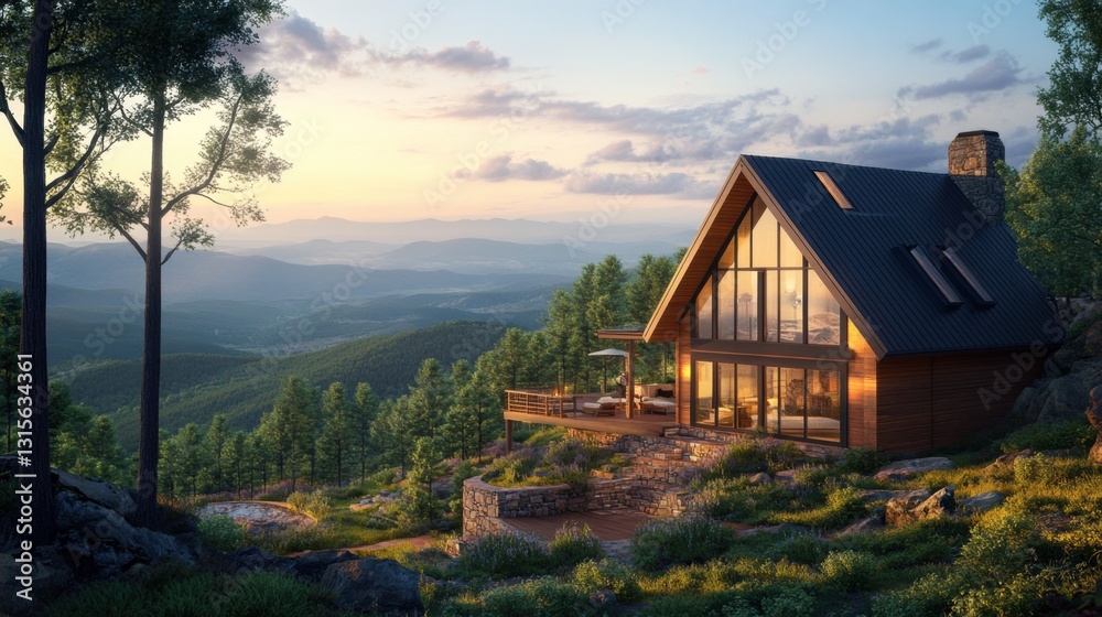 Modern country home with a barn-style roof, large windows, and a scenic mountain view Modern country home with a barn-style roof, large windows, and a scenic mountain view