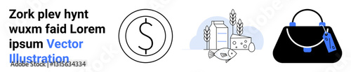 Dollar coin, groceries with milk, cheese, fish, wheat, and stylish handbag. Ideal for finance, shopping, budgeting household management personal finance lifestyle flat landing page banner