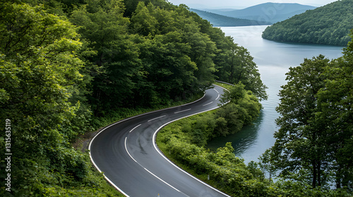Winding road alongside a serene lake encompassed by vibrant green trees