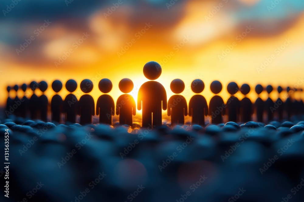 Obraz premium Silhouette of Crowd at Sunset Symbolizing Unity and Community with Bright Horizon and Dramatic Light Effects for Inspirational Themes