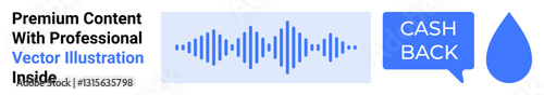 Audio waveform bar, cashback speech bubble, and water drop icon in minimal blue theme. Ideal for finance, audio tech, sustainability, marketing, advertising, branding flat landing page banner
