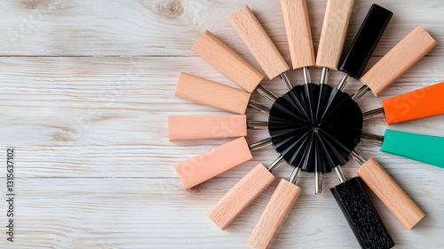 A colorful pattern with wooden blocks arranged in a radial design