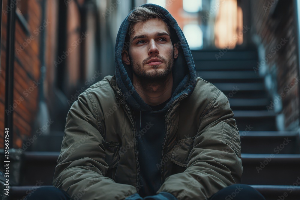 Young man sits on stairs in urban alley at dusk Young man sits on stairs in urban alley at dusk