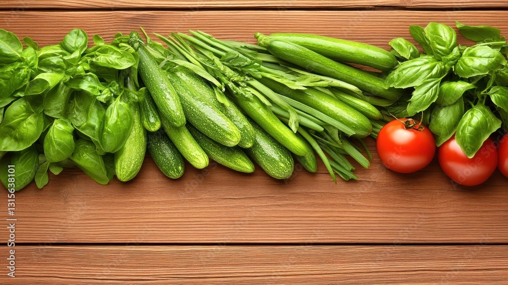 Fresh basil, scallions, cucumbers, and tomatoes on wood for healthy meals, salads, and healthy eating Fresh basil, scallions, cucumbers, and tomatoes on wood for healthy meals, salads, and healthy eating