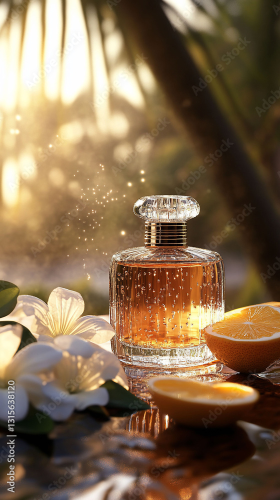 Amber Perfume Bottle with Citrus and Flowers in Sunlight Amber Perfume Bottle with Citrus and Flowers in Sunlight