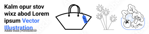 Shopping tote filled, leafy greens, basket, and salad bowl emphasize self-sufficiency, health, and sustainability. Ideal for grocery, organic produce, eco-lifestyle farm-to-table concepts