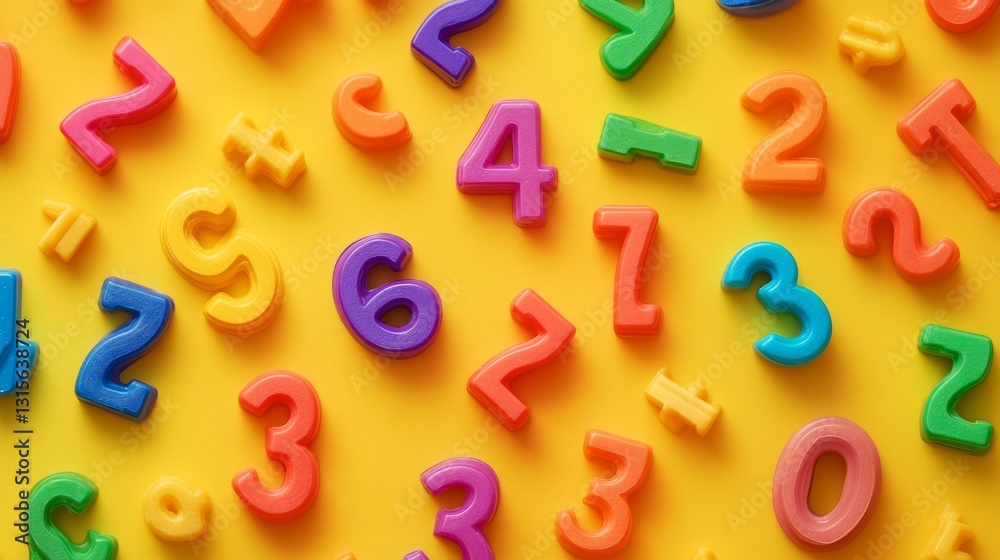 Naklejka premium Dynamic spread of rainbow colored numerical figures on golden yellow backdrop, elementary education layout, organized chaos arrangement, plastic toy material finish, gradient lighting effects,