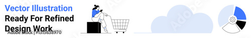 Person pushing a shopping cart while viewing product data analysis. Cloud and chart for digital storage and user behavior visualization. Ideal for e-commerce, analytics, IT, logistics, data trends