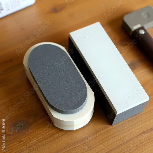 Two grindstones. Oval and rectangular double layer sharpening stone. Whetstone sharpener on wooden table background