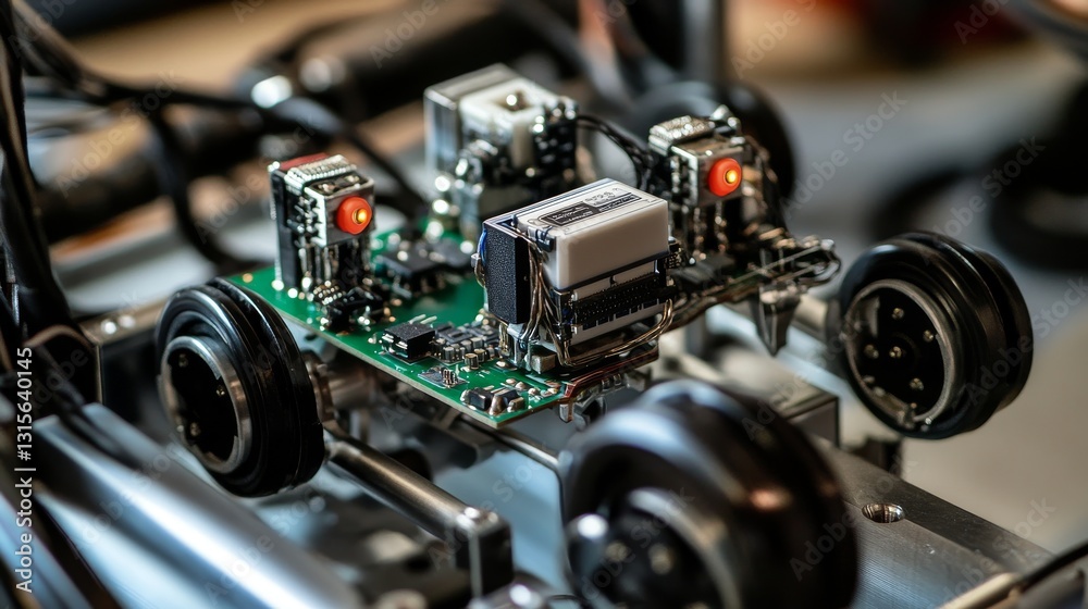 Close-up macro shot of line-following robot assembly, exposed circuit board with soldered connections, dual infrared sensors mounted on front chassis, brushed DC motors with black rubber wheels,