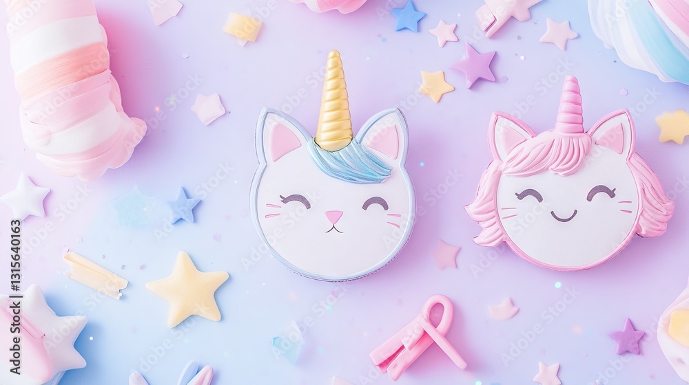 Magical classroom name badges featuring smiling cat faces, iridescent unicorn horns, star-sprinkled backgrounds in soft pastels, neat text areas for student names, playful ear shapes, professional Magical classroom name badges featuring smiling cat faces, iridescent unicorn horns, star-sprinkled backgrounds in soft pastels, neat text areas for student names, playful ear shapes, professional