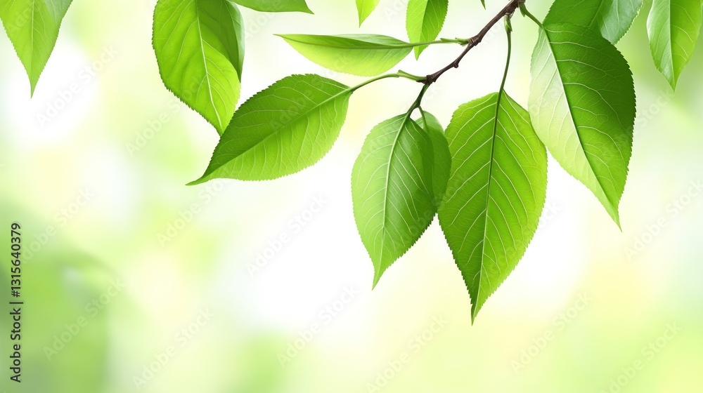 Fresh green leaves on branch in nature, sunlit with bokeh for organic wellness and environmental projects Fresh green leaves on branch in nature, sunlit with bokeh for organic wellness and environmental projects