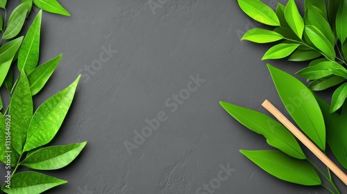 Fresh green leaves on grey background for ecological concept, health products, or peaceful nature message