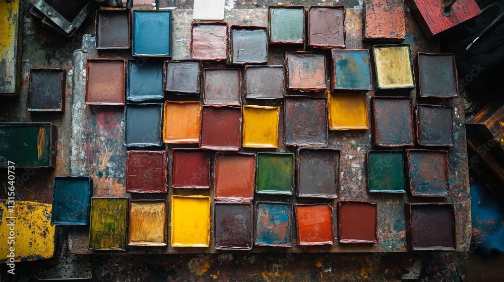 Overhead composition of hand-pressed beeswax color tablets, deep saturated hues, geometric rectangular forms, vintage weathered surface, artistic tools, moody lighting, raw material aesthetic, Overhead composition of hand-pressed beeswax color tablets, deep saturated hues, geometric rectangular forms, vintage weathered surface, artistic tools, moody lighting, raw material aesthetic,