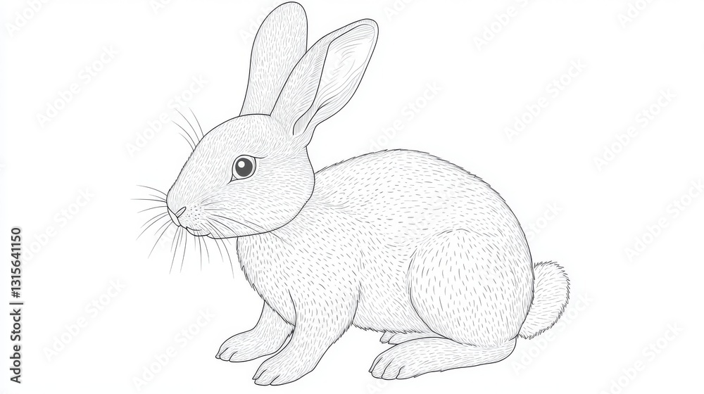 Fototapeta premium Playful rabbit tracing template with rounded ear outlines, dotted line forming fluffy body shape, simple paw marks, cotton tail circle, clear starting points, pure white background, grey dashed