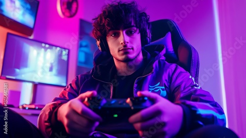 Professional gamer in gaming chair illuminated by RGB lighting, holding black gaming controller, focused expression, three ultrawide monitors, streaming setup with professional microphone, neon