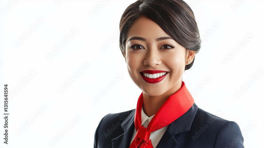 A flight attendant in uniform, smiling and welcoming passengers, isolated on a clean white background A flight attendant in uniform, smiling and welcoming passengers, isolated on a clean white background