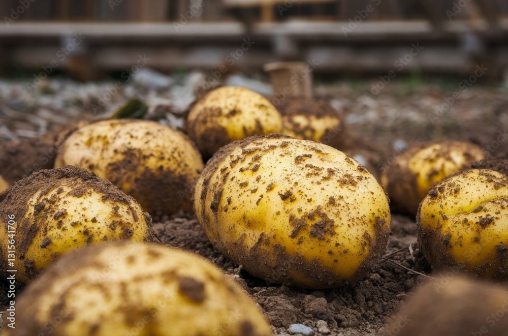 close-up view of dirty yellow potatoes on the ground close-up view of dirty yellow potatoes on the ground