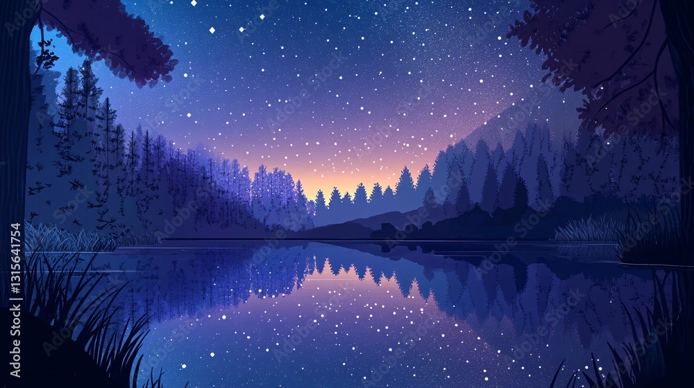 Naklejka premium A Serene Starry Night Sky Glimmers Over a Calm Lake