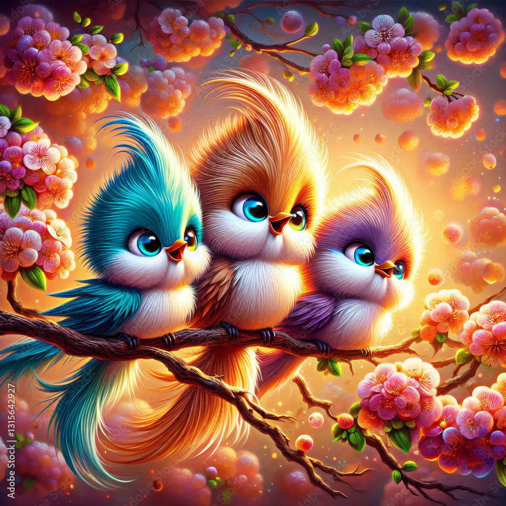 Naklejka premium Three Playful Birds with Wispy Feathers on Blooming Branch