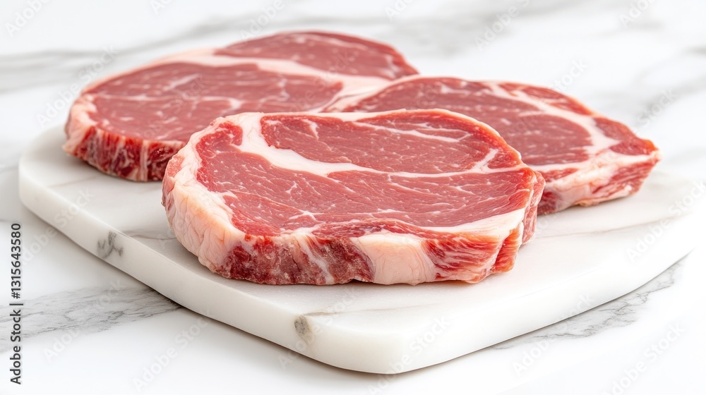 Fresh raw beef steak cutlets on marble board, for grilling or cooking in kitchen background Fresh raw beef steak cutlets on marble board, for grilling or cooking in kitchen background