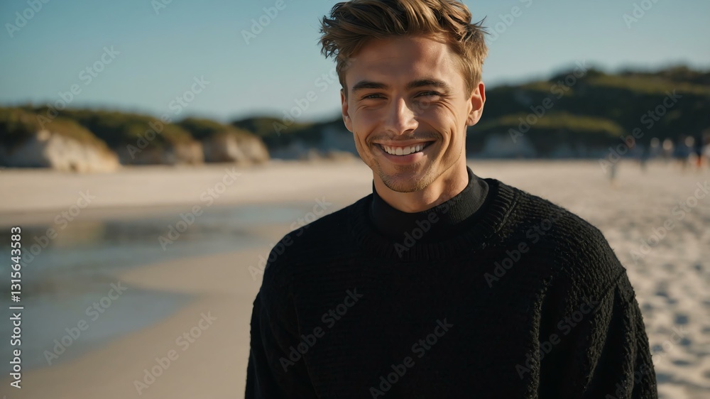 Good-looking young caucasian guy in black themed sweater on a beach smiling Good-looking young caucasian guy in black themed sweater on a beach smiling