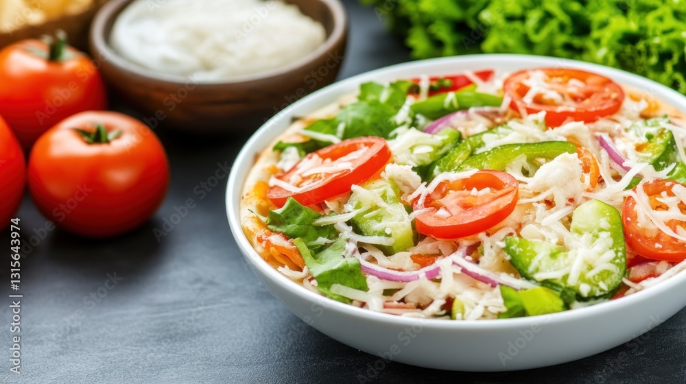 Fresh salad in bowl on slate table with tomatoes and lettuce background for healthy eating Fresh salad in bowl on slate table with tomatoes and lettuce background for healthy eating