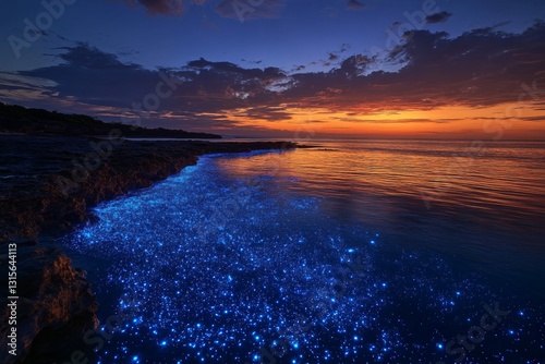 Bioluminescent Beach at Sunset: A mesmerizing scene of glowing blue bioluminescence illuminating the shoreline under a colorful sunset sky, creating a magical coastal landscape.