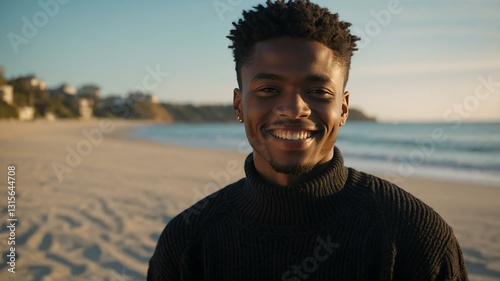 Wallpaper Mural Good-looking young african guy in black themed sweater on a beach smiling Torontodigital.ca