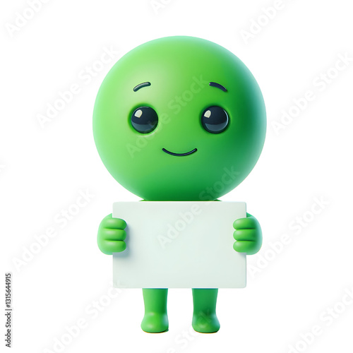 Cute 3d green man holding blank card isolated on white background