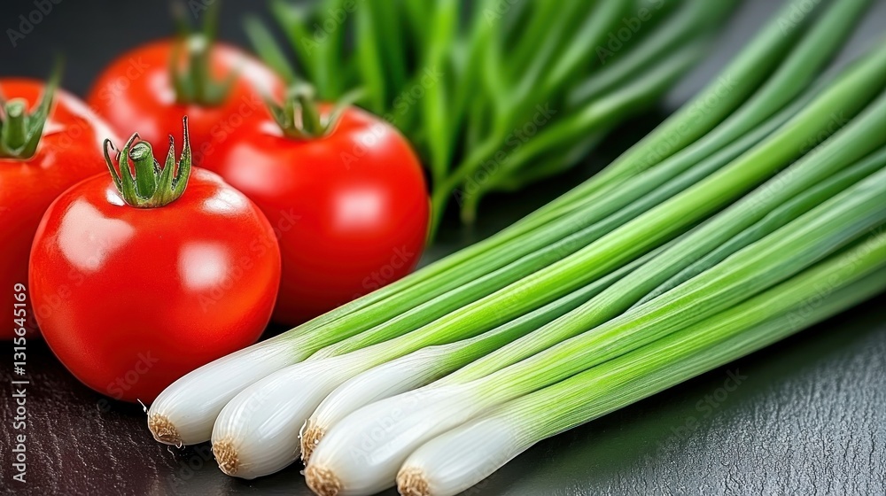 Fresh tomatoes, scallions on slate background. Culinary or meal prep ingredient Fresh tomatoes, scallions on slate background. Culinary or meal prep ingredient