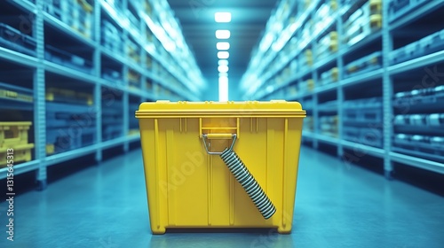 Yellow storage bin warehouse inventory aisle