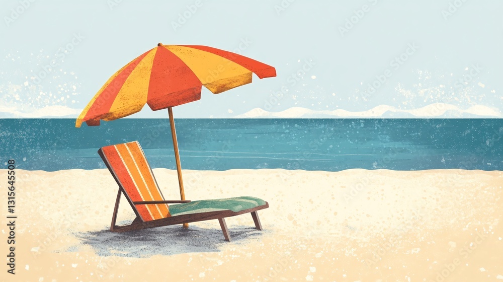 Vibrant Beach Umbrella Casting Shade on Cozy Lounger Vibrant Beach Umbrella Casting Shade on Cozy Lounger