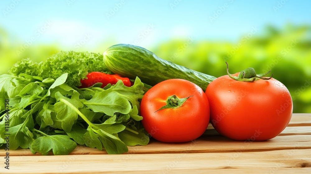 Fresh vegetables on wood table with a background of greenery for healthy eating and lifestyle Fresh vegetables on wood table with a background of greenery for healthy eating and lifestyle