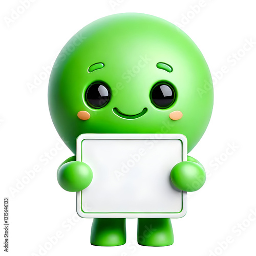 Cute 3d green man holding blank card isolated on white background