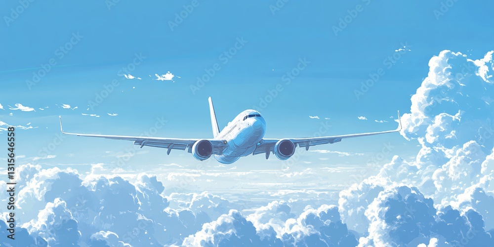 Naklejka premium Airplane Soaring Above Fluffy Summer Clouds in Clear Sky