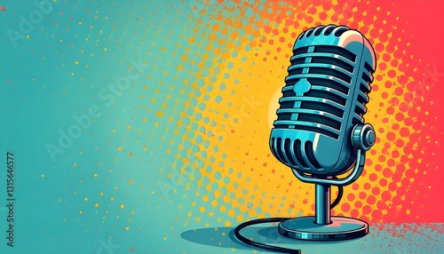 Pop art-style colorful background featuring a microphone and radio podcast logo with a retro comic vibe